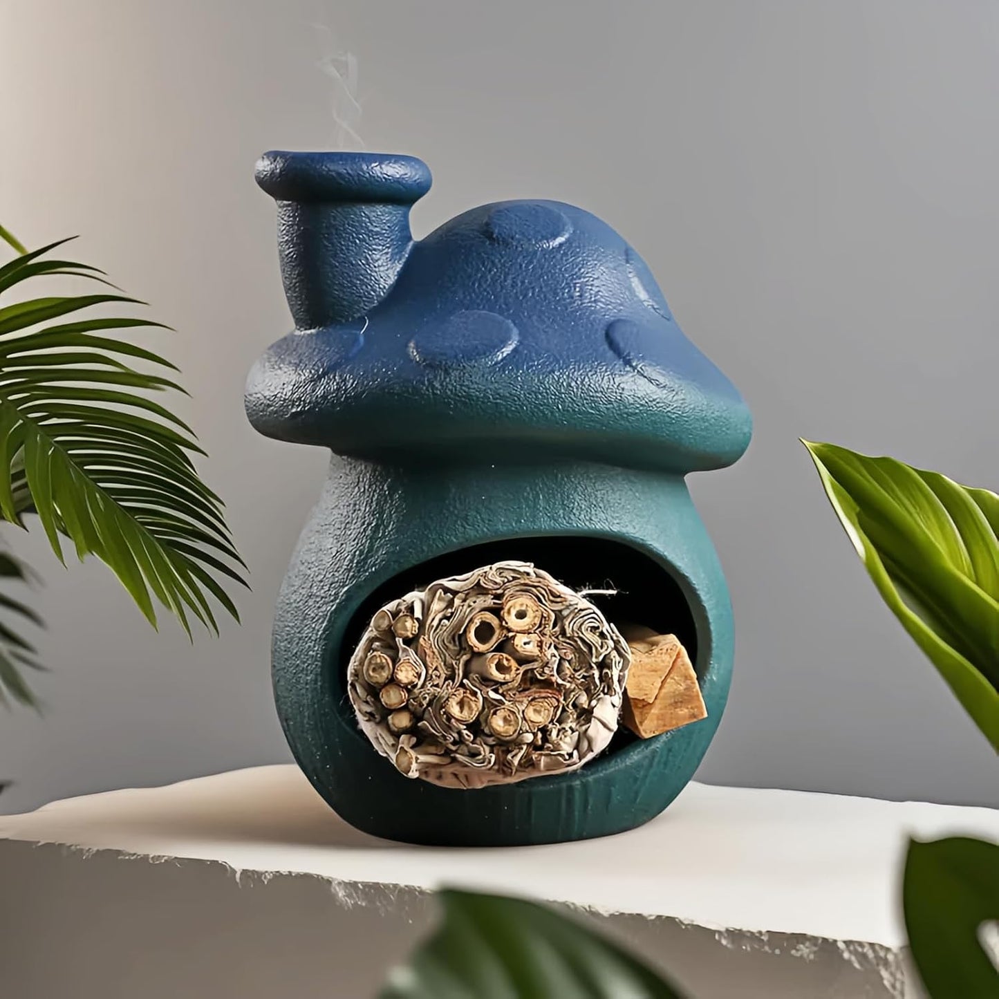 Mushroom Incense Holder, Ceramic Palo Santo Holder Burner & Sage Holder - Mini Tabletop Chiminea Burner Tray with Ash Catcher, Cute Mushroom Decorations for Spiritual Meditation & Yoga