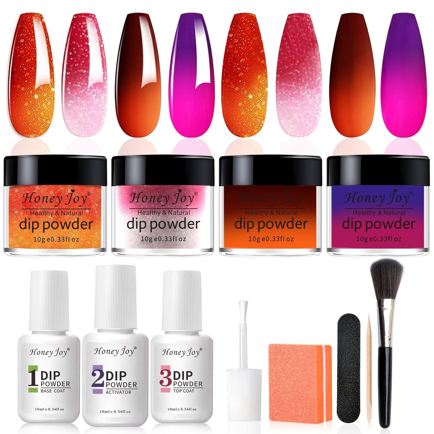 Honey Joy Dip Powder Nail Kit Starter, 4 Colors Halloween Pumpkin Orange Mystic Purple Dipping Powder Liquid Set with Base Top Coat for Nail Art Manicure Salon DIY, Dip-7pcs-No.14