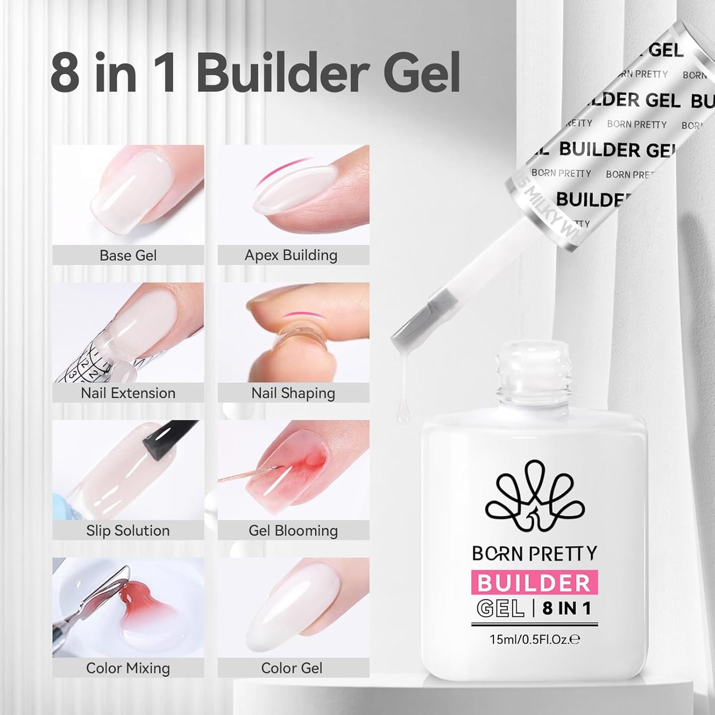BORN PRETTY Builder Gel for Nails, 8-in-1 Milky White Clear Builder Nail Gel for Nail Apex and Gel Extension Strengthener, Nail GLue Gel Hard Gel Base Rhinestone Nail Glue Gel in a Bottle 15ml
