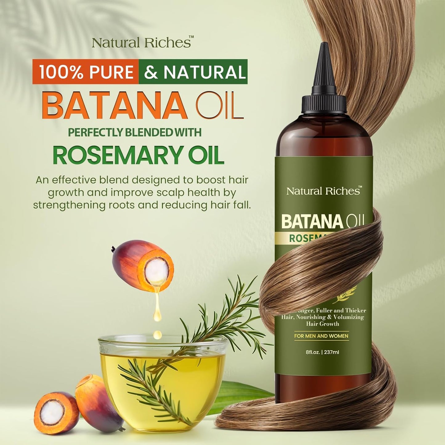 Natural Riches Rosemary & Batana Hair Oil (8 fl oz) | Revitalizing and Strengthening Hair Treatment for Fuller, Healthier-Looking Hair | Paraben Free | Suitable for All Hair Types