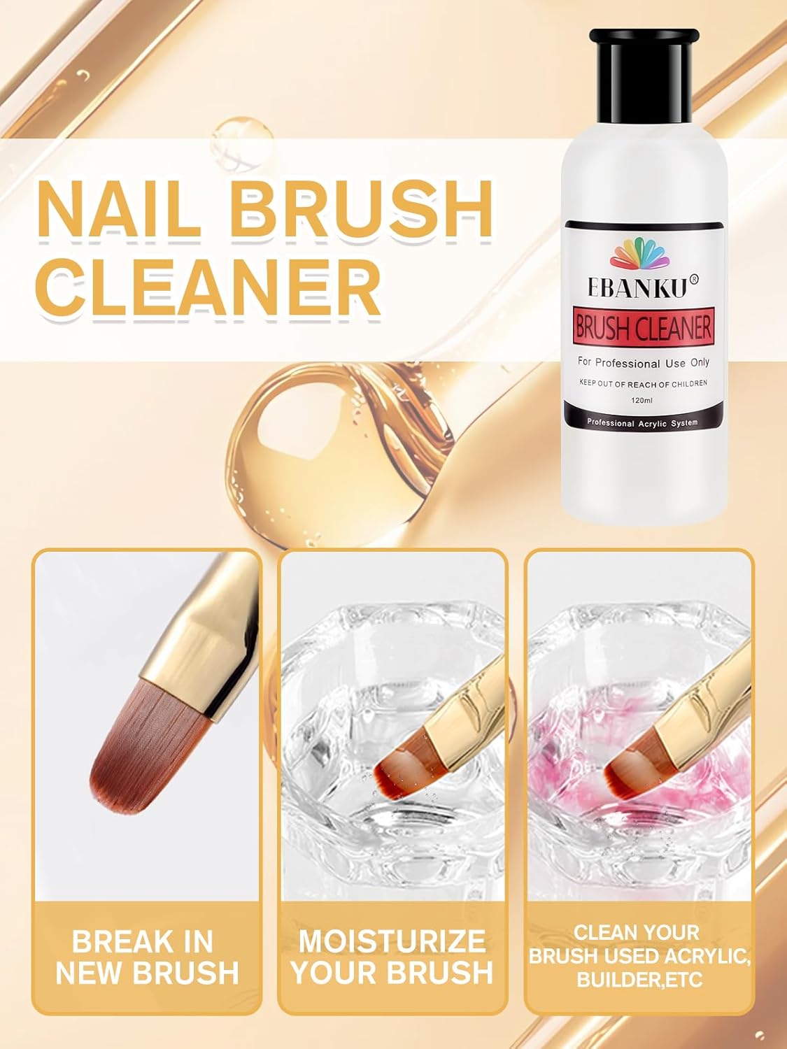 EBANKU 120ml Acrylic Nail Brush Cleaner, 3 in 1 Nail Art Brushes Conditioner Nail Brush Clean Solution Quickly Clean for Solid Gel Polish/Nail Extension Gel