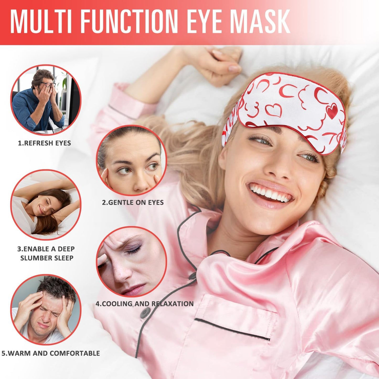 Sleep Mask w/Cooling Gel Eye Mask, Silk Eye Mask for Sleeping, Hot & Cold Eye Masks, Blindfold Reusable Eye Cover Sleeping Mask for Home Office Travel, Gifts for Women (Red Heart)