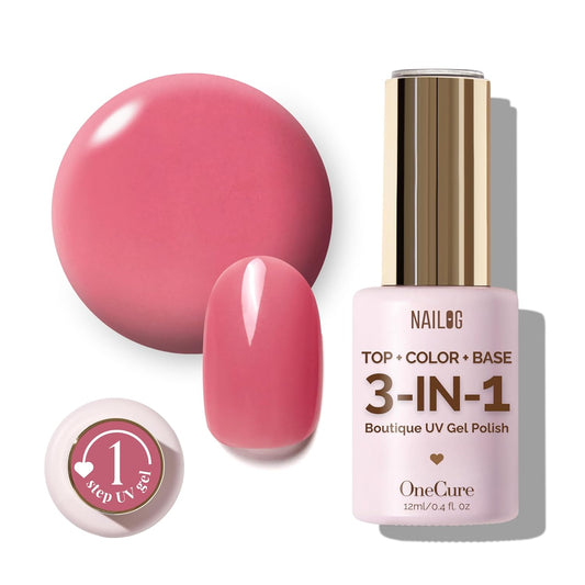 NAILOG One Step Pink Gel Nail Polish 12ml Top Coat Color Gel Base 3-In-1 Formula Soak Off UV Gel Polish for Home DIY & Gifting | Old Rose