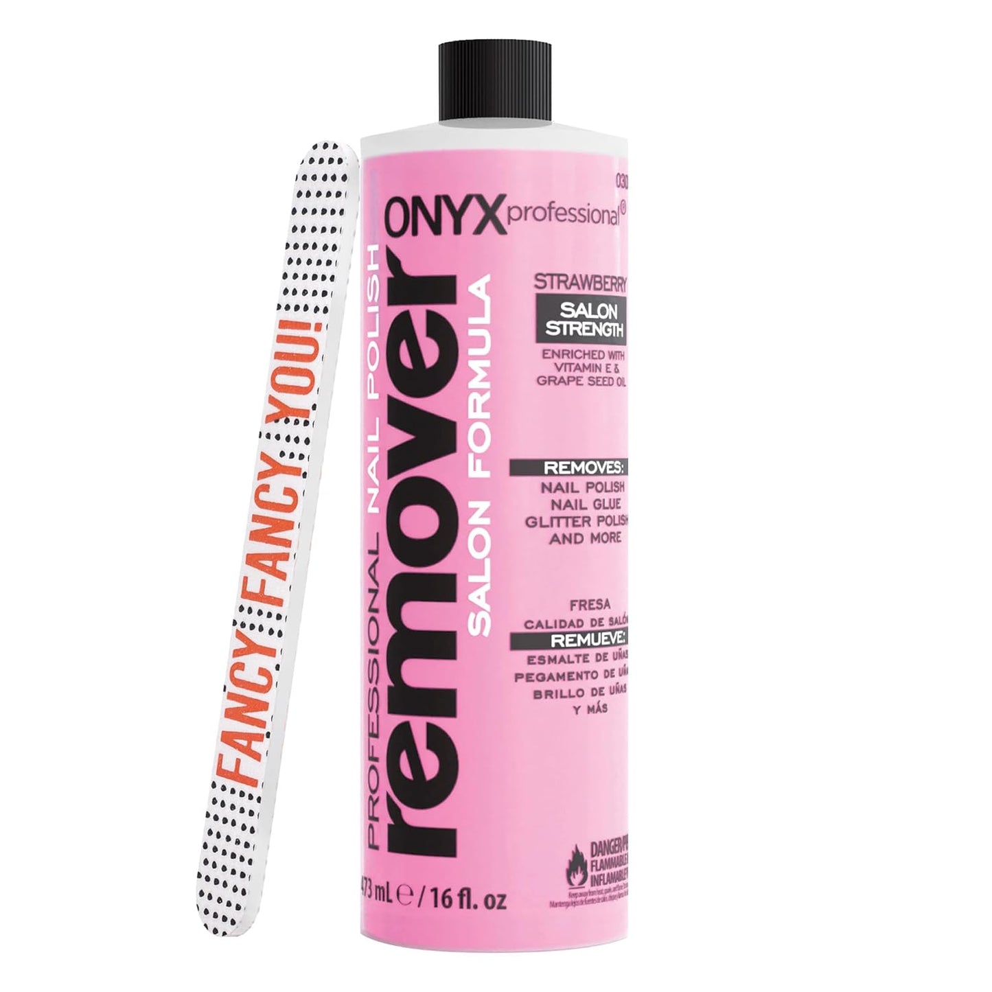 Onyx Professional Nail Polish Remover with 7 inch Nail File, Strawberry Scent, Made in USA, 16 fl oz - Moisturizing Formula, Acetone-based Gel Polish Remover, Enhanced with Vitamin E, Grape Seed Oil