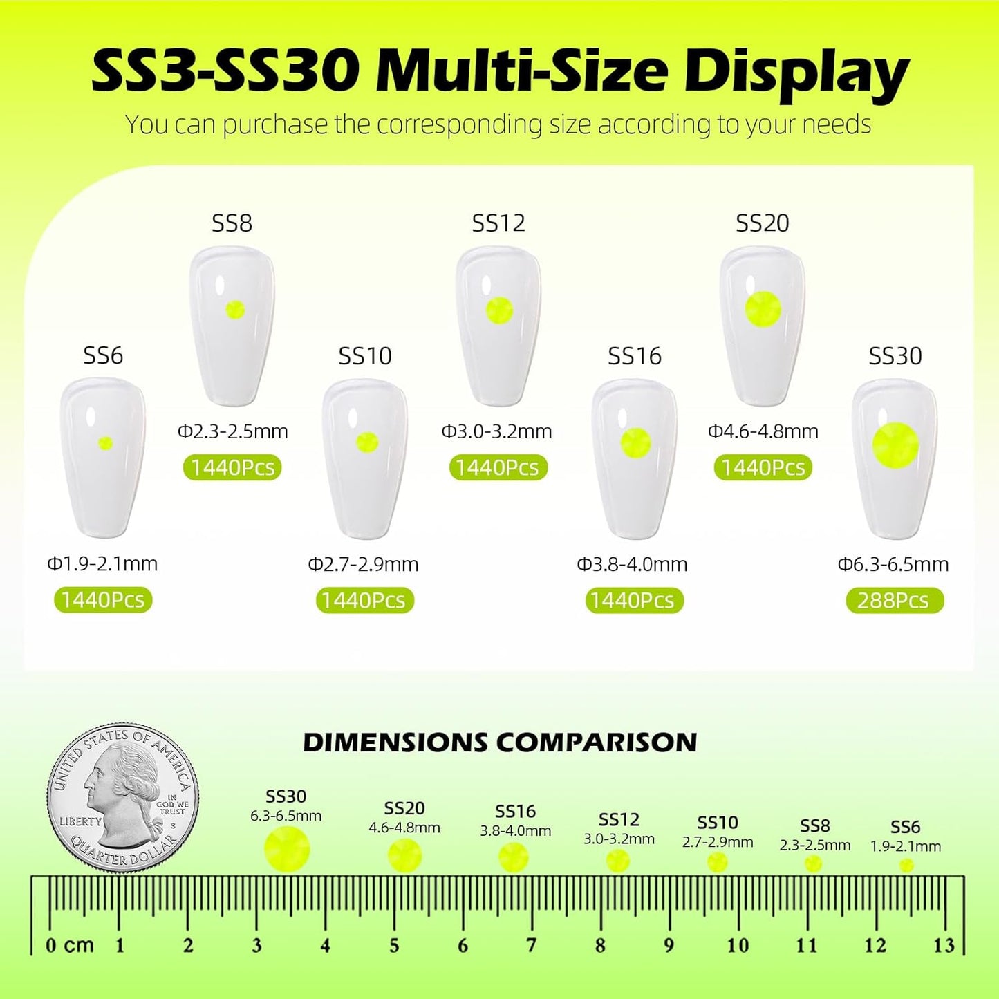 Neon Yellow Flatback Rhinestones, Glass Rhinestones for Nail Art and Craft, Glue Fix, Loose Crystal Gemstones(Neon Yellow, SS8, 1440pcs, 2.3-2.5mm)