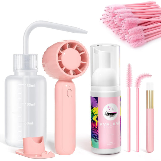 Buqikma Lash Cleaning Kit - Lash Shampoo Kit Eyelash Extension Cleanser for Extensions 60ML with Rechargeable Handheld Lash Fan Dryer Mascara Brush Rinse Bottle Makeup Cleansing Foam for Lash Care