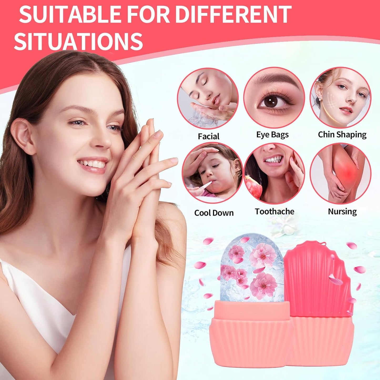 Ice Cube Roller for Face,Eyes and Neck,Reusable Silicone Ice Mold Mermaid Shell Shape for Shrink Pores Anti Wrinkle and Skin Beauty Care,Reduce Migraine Pain,Gua Sha Face Massage Tools (Pink)