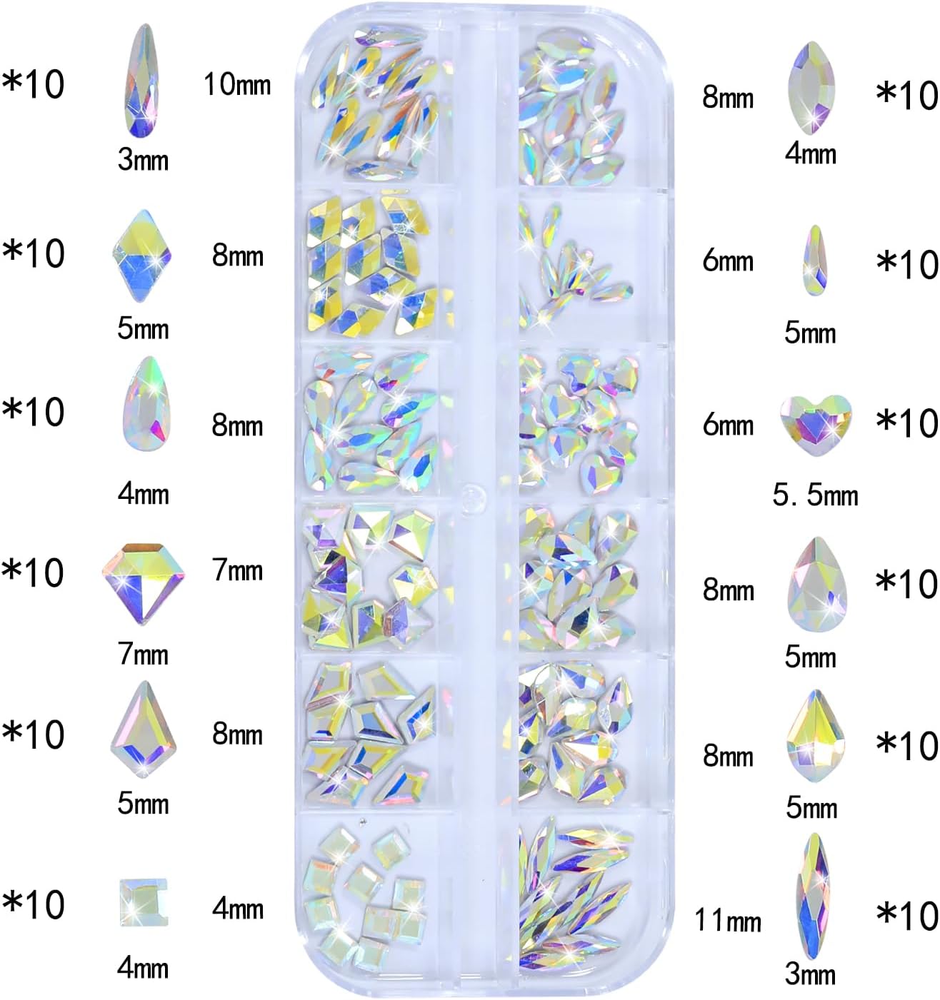 Nail Rhinestones - 3D Multi Shape Size, Flat Back, Manicure Rhinestones Charms, AB Gems, with Kit, for Nail Art, Bedazzling Acrylic Nails, DIY Decor