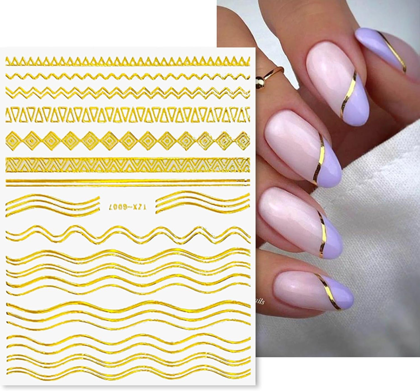 12 Sheets Gold Nail Stickers, 3D Self-Adhesive Metal Geometric Stripe Wave Nail Sticker, Gold Nail Art Designs, Style-c