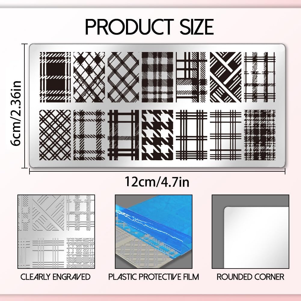 UNICRAFTALE 3Pcs Nail Stamp Plates Set Lattice Texture Nail Stamping Plate Texture Image Nail Stencils Plaid Argyle Pattern Nail Art Stamping Template with Nail Scraper for Women Nail Design Tools