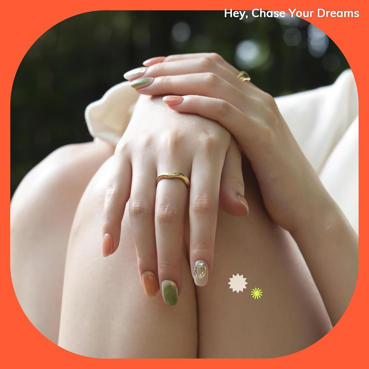 Semi Cured Gel Nail Strips | No LED Lamp Needed | Marble, Glitter, Spring | Easy Apply & Remove, Salon Quality |Includes 28 Strips, 1 Prep Pads, Nail File & Wooden stick- Hey, Chase Your Dreams