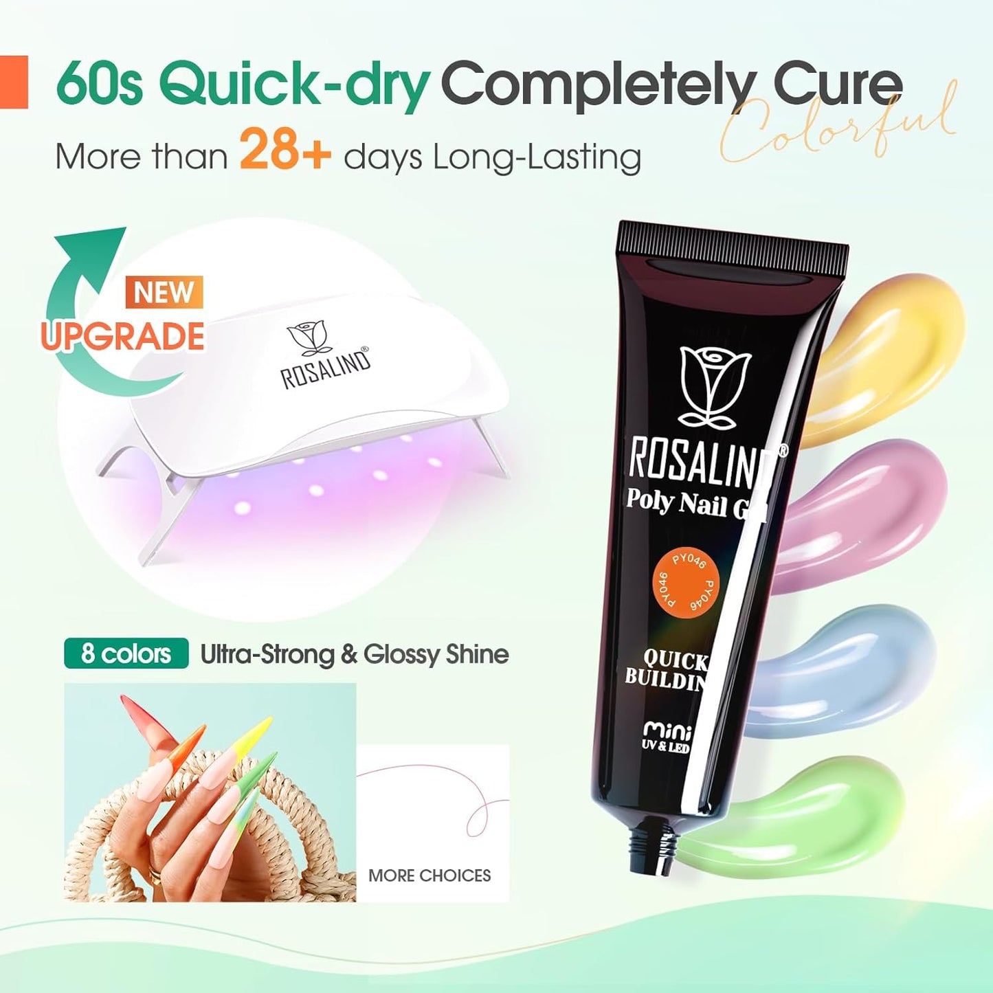 ROSALIND 8PCS Poly Nail Gel Kit with Mini U V/LED Lamp Pastel Poly Nails Gel Kit Starter Kits Yellow Green Blue Nail Extensions Gels Set