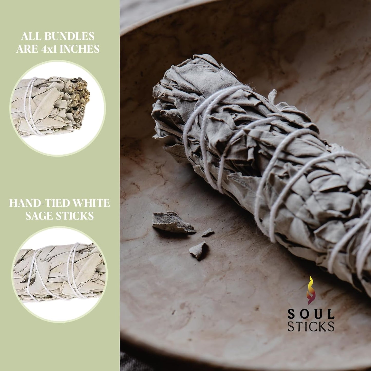 SOUL STICKS 4 Inch 3 Pack Organic White Sage Smudge Smudging Sticks | Bulk Quantities for Home Cleansing, Good Energy Meditation & Smudging Rituals | Sustainably Sourced California White Sage Bundle
