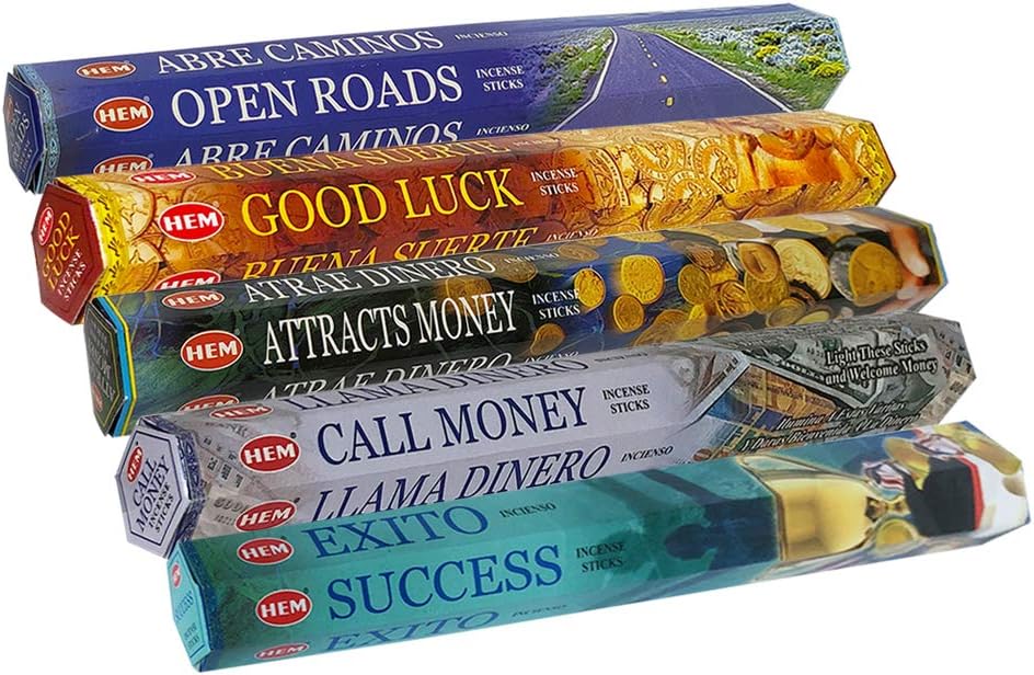 Hem Incense Sticks Variety Pack #5 and Incense Stick Holder Bundle with 5 Money and Success Themed Fragrances