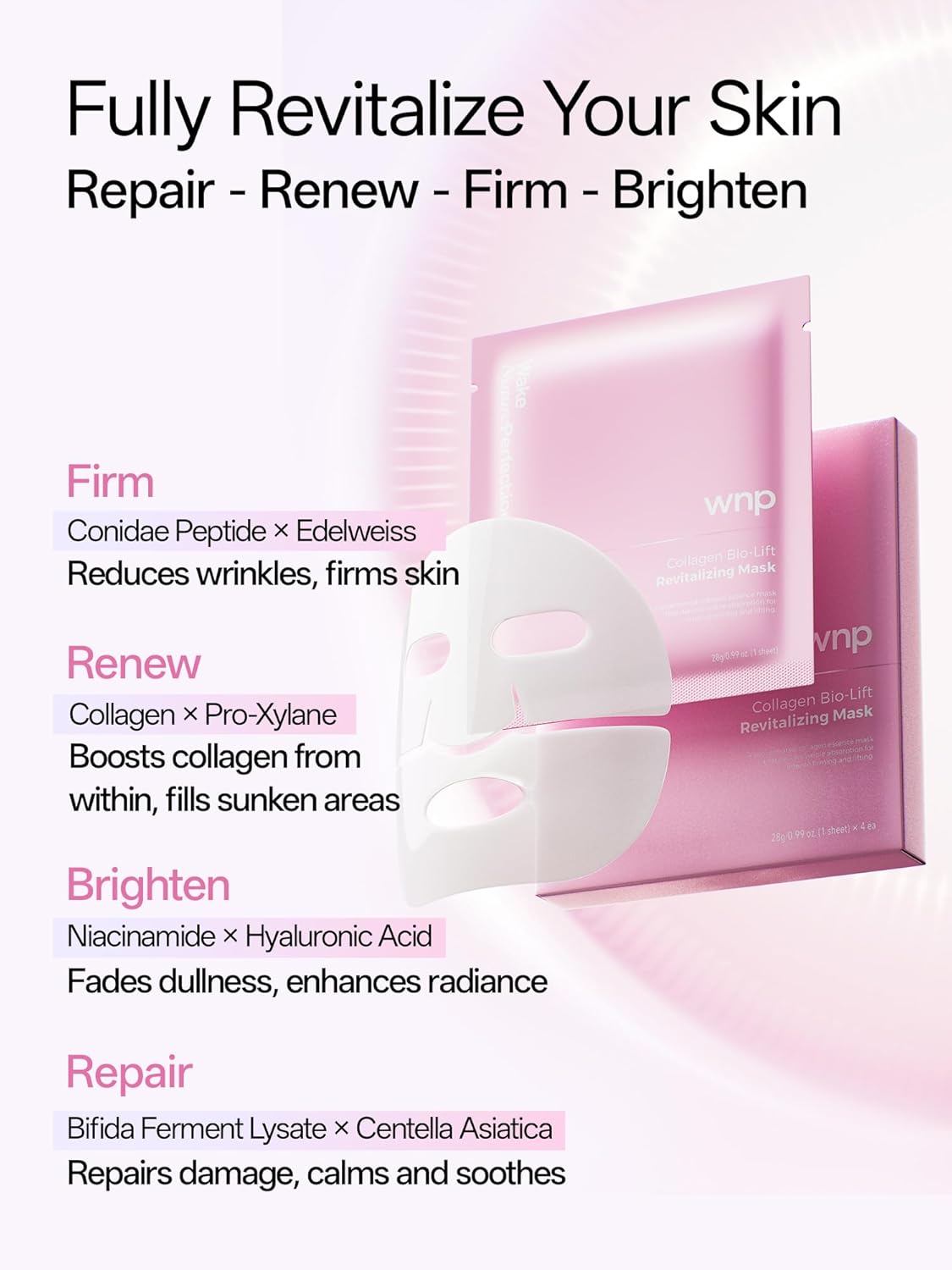 WNP 6D Bionic Collagen Bio‑Gel Mask Hydrating Overnight Real Deep with 5.1% Collagen, Niacinamide, Hyaluronic Acid|Firming, Anti‑Aging, Brightening for sensitive skin 28g x4ea