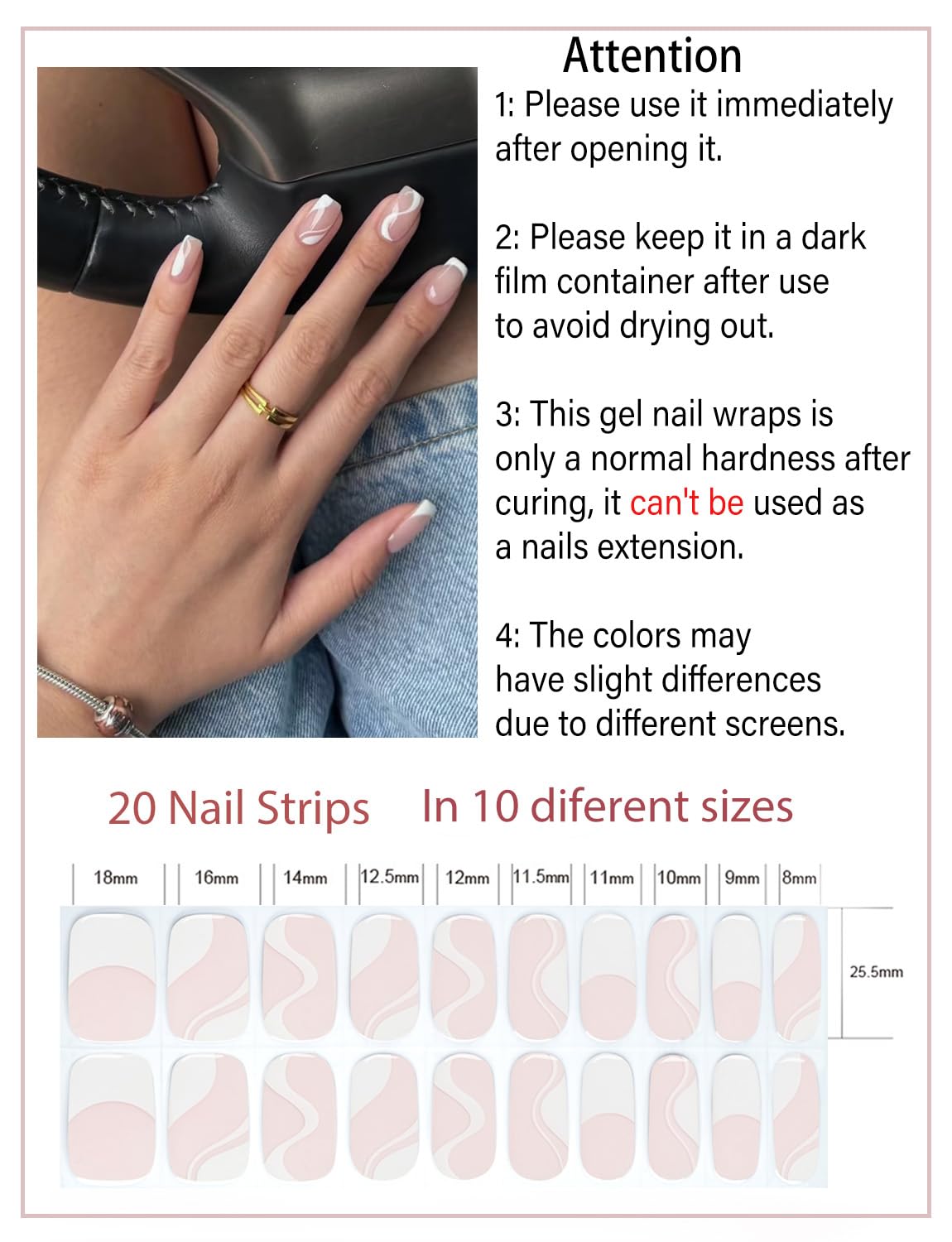 Semi Cured Gel Nail Strips, Irregular French, Strips 20pcs Gel Nails Sticker UV for Home Nails DIY