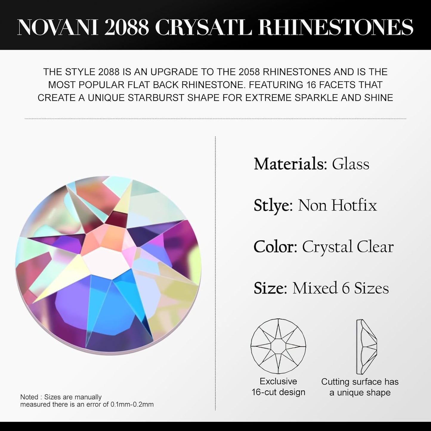 Novani Crystal AB Rhinestones Flat Back Round Rhinestone Style 2088 Sparkly Crystal Gemstones for Makeup Nail Art Crafting,Mixed Small Size(SS6-SS20)