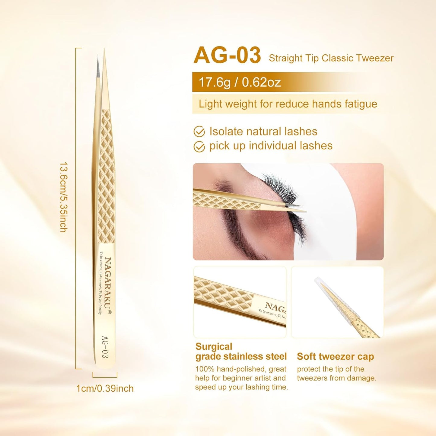 NAGARAKU Eyelash Tweezers, Precision Fiber Tip Tweezer for Eyelash Extensions Diamond Grip Anti-Static Anti-Slip Premium Gold Stainless Steel Pointed Lash Tweezers -Straight Tip Classic Tweezer AG-03