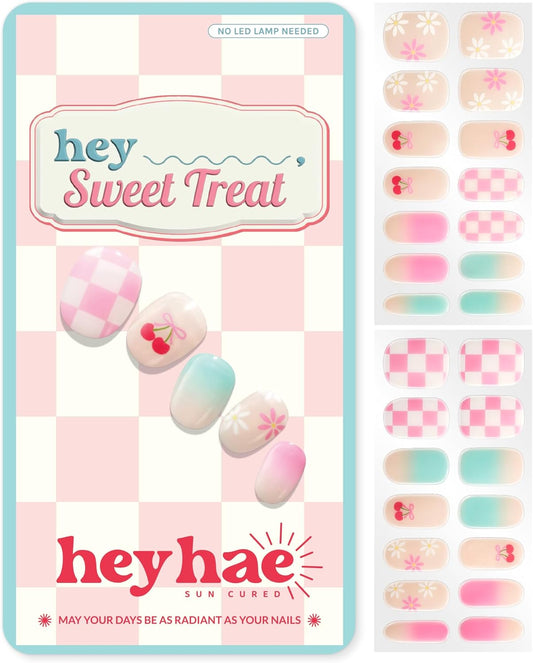 Semi Cured Gel Nail Strips | No LED Lamp Needed | Summer, Ombre, Cute | Easy Apply & Remove, Salon Quality | Includes 28 Strips, 1 Prep Pads, Nail File & Wooden Stick - Hey, Sweet Treat