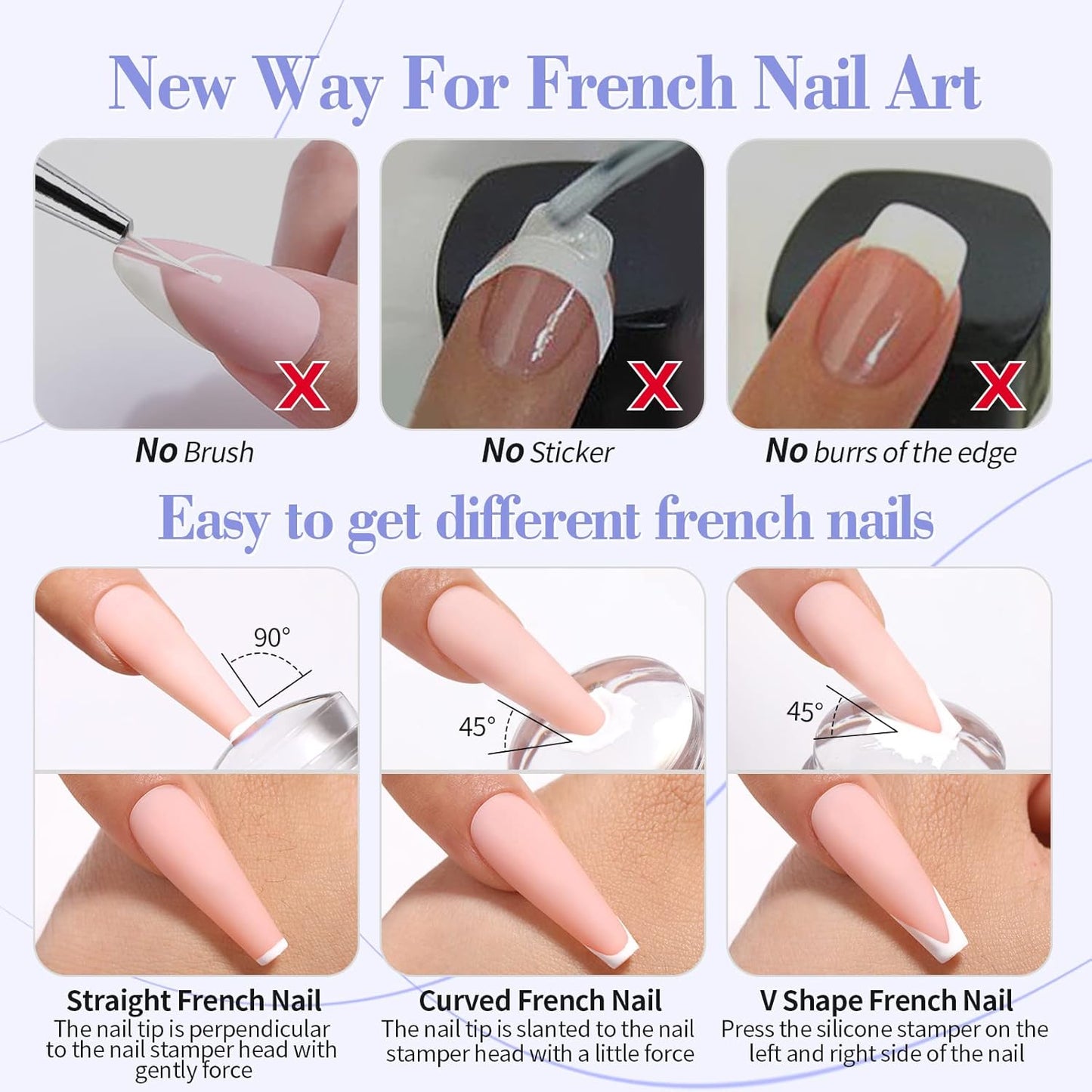 Born Pretty French Tip Nail Stamp, 6PCS Art Stamper With Scrapers, Silicone Stamping Long & Short Jelly Stamper Kit for French Manicure Home DIY Art Salon