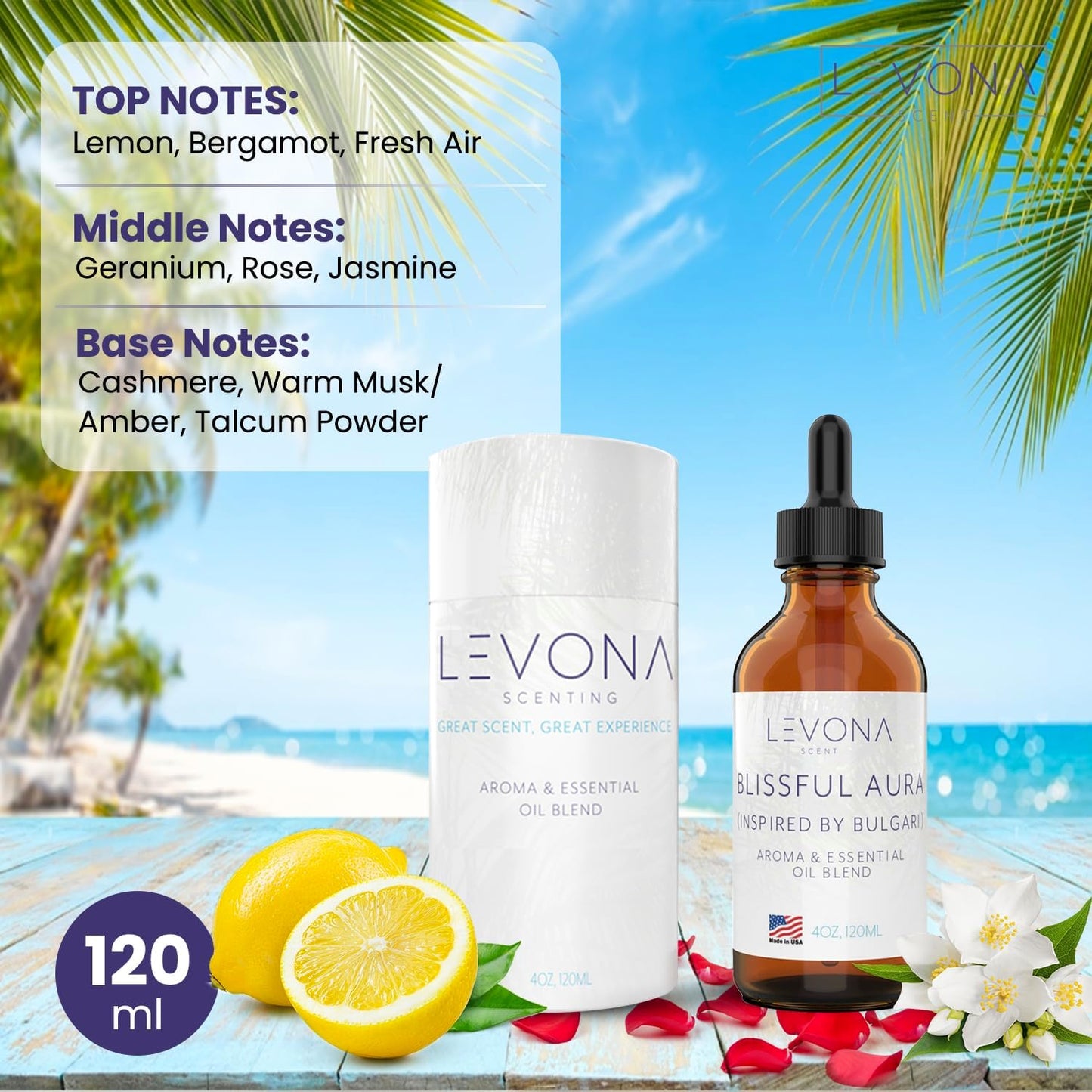 Levona Scent Essential Oils for Diffuser: Blissful Aura Inspired with Notes of Amber, Musk & Jasmine - Home Luxury Scents for Hotel - Fragrance Oil - 120 Ml Essential Oil