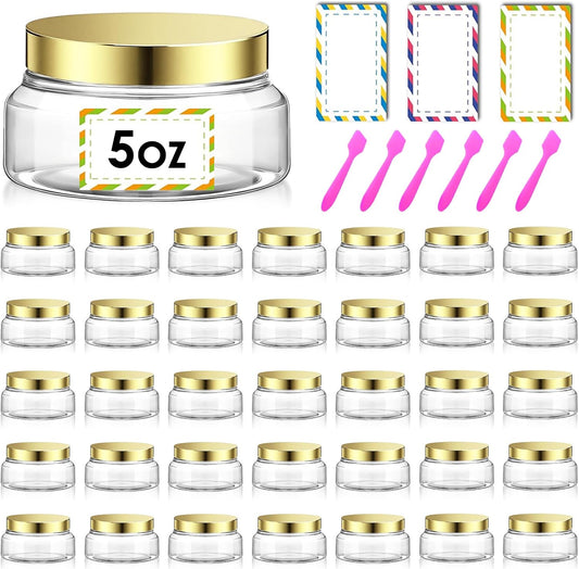 36 Pack 5 oz Plastic Cosmetic Containers With Lids Refillable Clear Empty Travle Jars Containers for Body Butter,Sugar Scrubs,Cream,Lotions,Candy, Waterproof Label&Spatulas - (Gold)