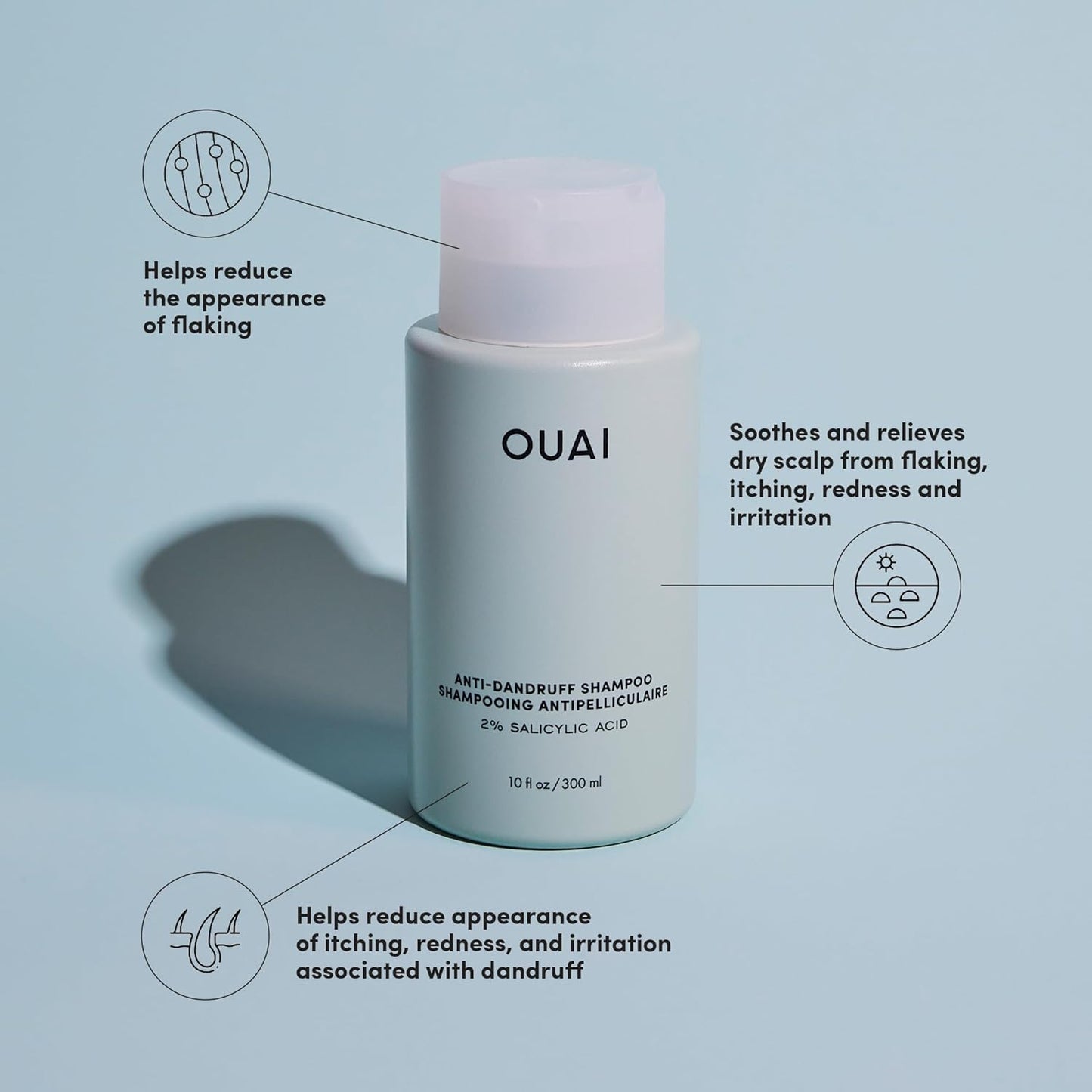 OUAI Anti Dandruff Shampoo - Soothing Salicylic Acid Shampoo for Flaky, Dry and Itchy Scalp - Reduces Itching, Redness and Irritation - Sulfate Free Scalp Care (10 Fl Oz)