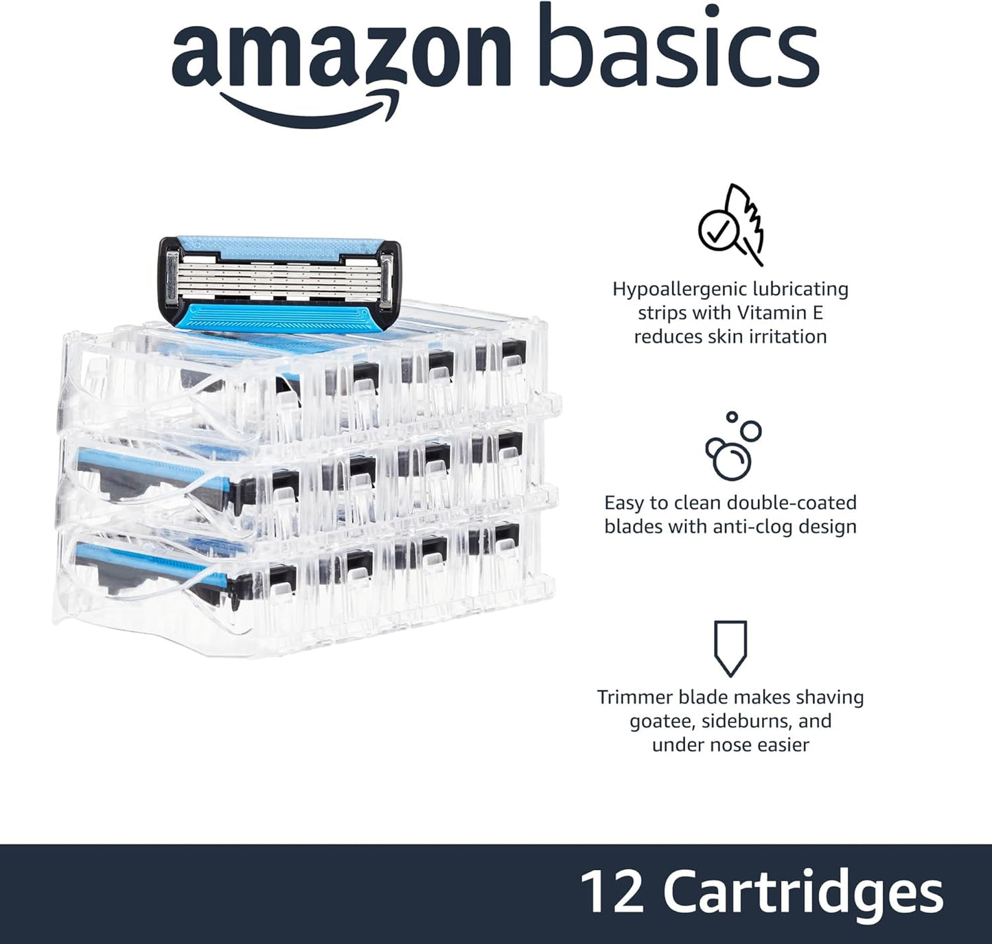 Amazon Basics 5-Blade Razor Refills for Men with Dual Lubrication, Precision Beard Trimmer, Comfortable Shave, 12-Pack (Fits Amazon Basics Razor Handles only)