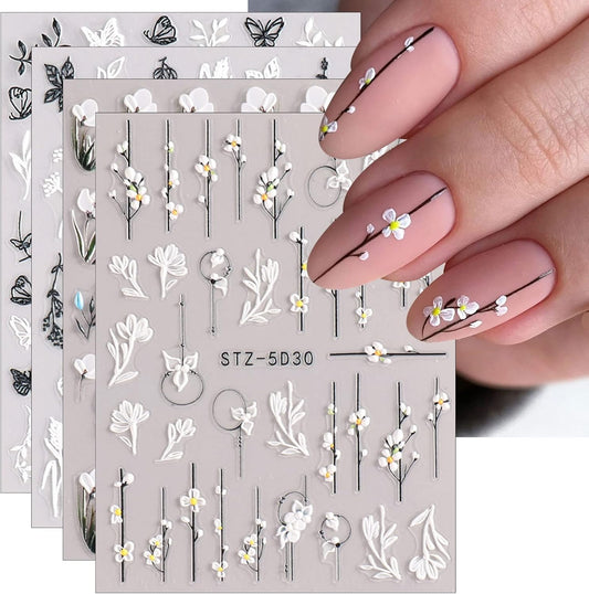 JMEOWIO 3D Embossed Flower Spring Nail Art Stickers Decals Self-Adhesive Pegatinas Uñas 5D Summer Colorful Floral Nail Supplies Nail Art Design Decoration Accessories 4 Sheets