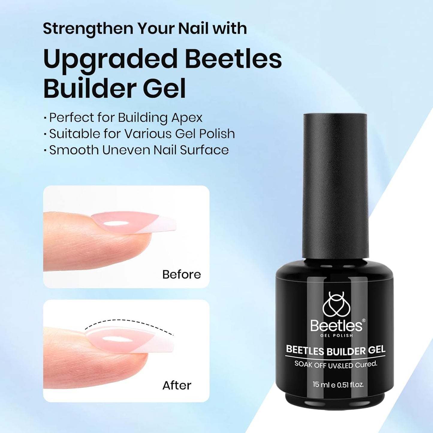 Beetles Builder Gel and Extra Glossy Top Coat No Wipe for Nails, 15ml Low Heat Hypoallergenic Clear 7 in 1 Builder High Shine Long Lasting Top Coat Gel Nail Polish with Detachable Liner Nail Brush