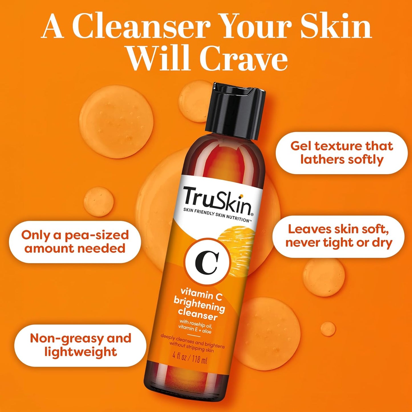 TruSkin Vitamin C Cleanser for Face - Brightening Face Wash with Vitamins C & E, Rosehip Oil, Aloe Vera and MSM - Deep Clean and Refresh for Radiant, Healthy-Looking Skin, 4 fl oz