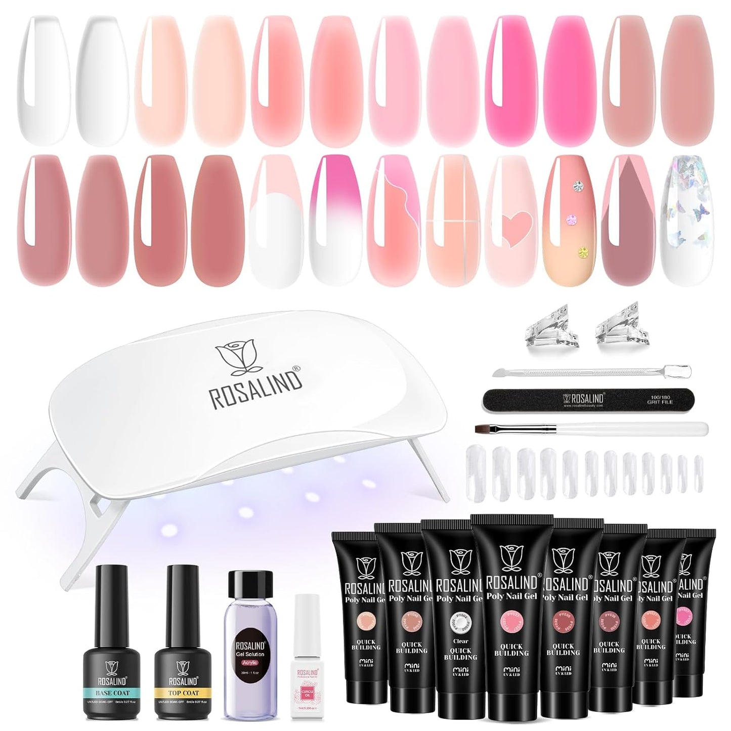 ROSALIND 8PCS Poly Nail Gel Kit with Mini Nail Lamp Clear Nude Purple Brown Poly Extension Gel Kit Mini Starter Kit