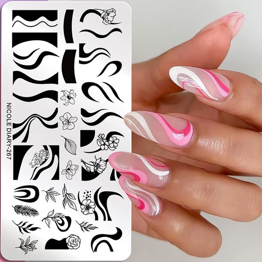 Nail Stamping Plates French Wavy Striped Tip Leaf Nail Stamp Templates Stainless Polish Gel Template Nail Design Stencil Tools （1 Pcs）