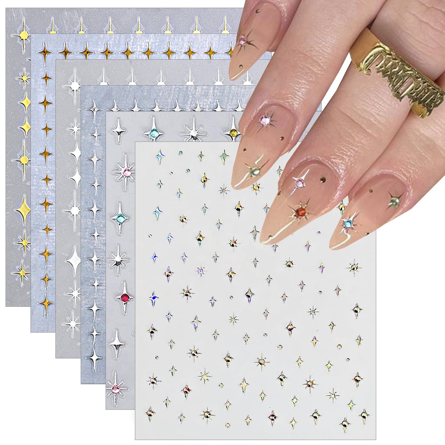6 Sheets 3D Glitter Shiny Crystal Nail Art Sticker Star Charms Silver Black White Stickers Self-Adhesive Design Luxury Nail Decals for French Manicure