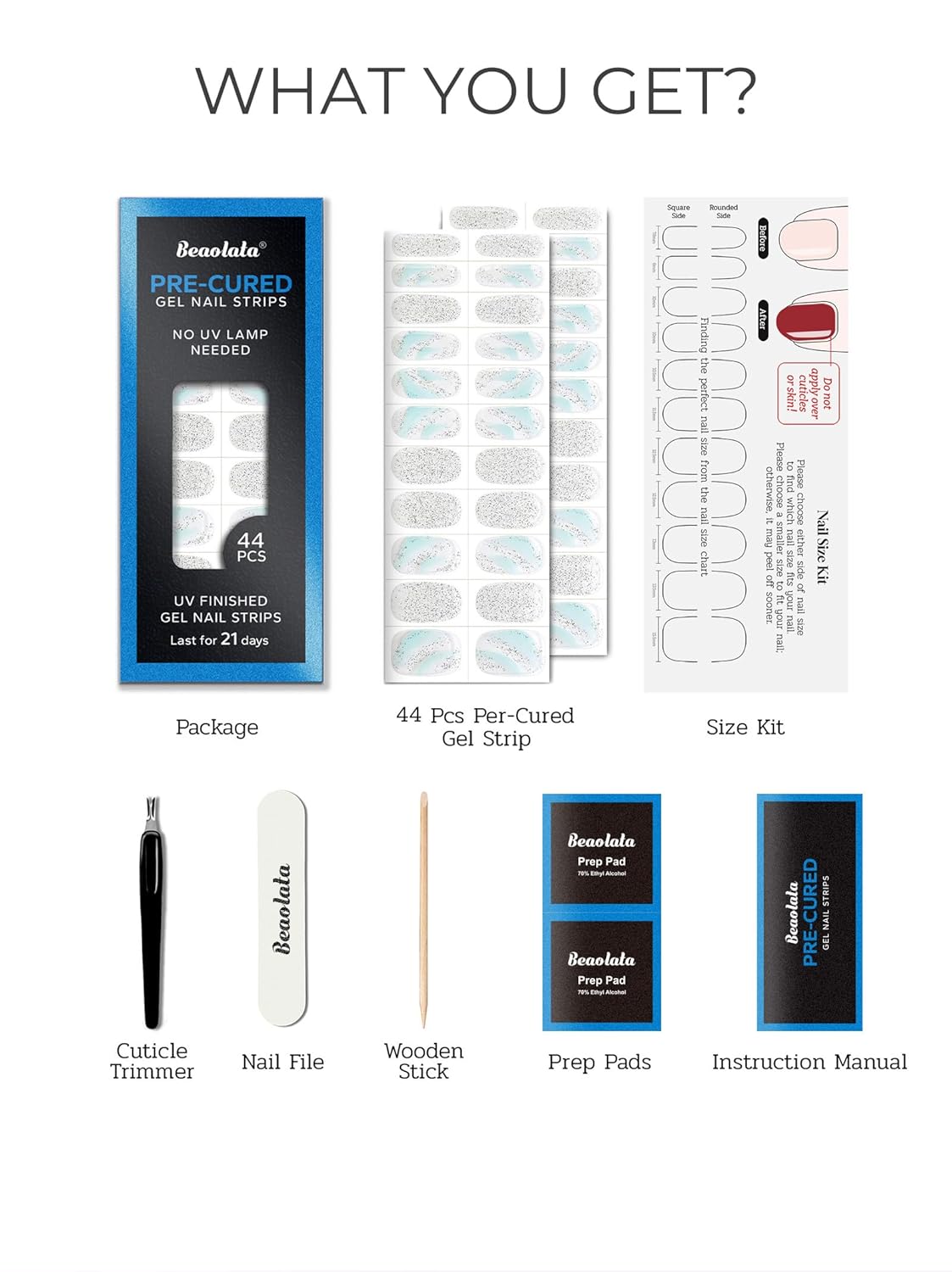 Pre Cured Gel Nail Strips - 44PCS Salon Quality Gel Nail Stickers - Long Lasting Polish Wraps for Women no UV Light Needed Easy Apply& Remove (Aurora Silver)