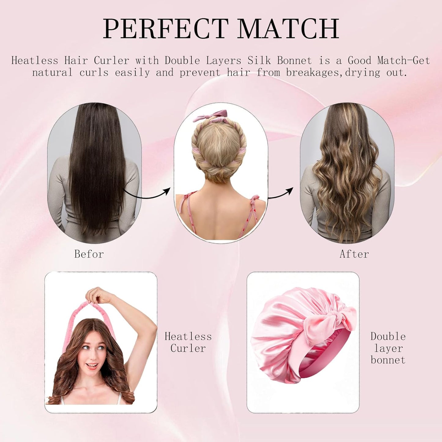 Heatless Hair Curler and Double Layer Satin Bonnet Set for Overnight Curls - No Heat Curling Rod with silk Bonnet, Sleep-In Safe for Long/Medium Hair, Frizz-Free Waves & Volume(Pink)