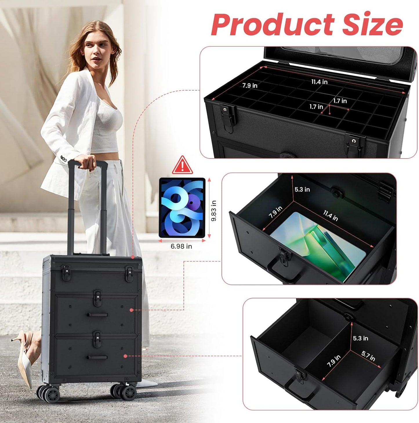 Large Rolling Makeup Train Case, Professional Travel Cosmetology Case on Wheels with Drawers, 3 Tiers Nail Organizers Storage Case for Nail Tech, Tattoo, Hairstylist, Makeup, Large