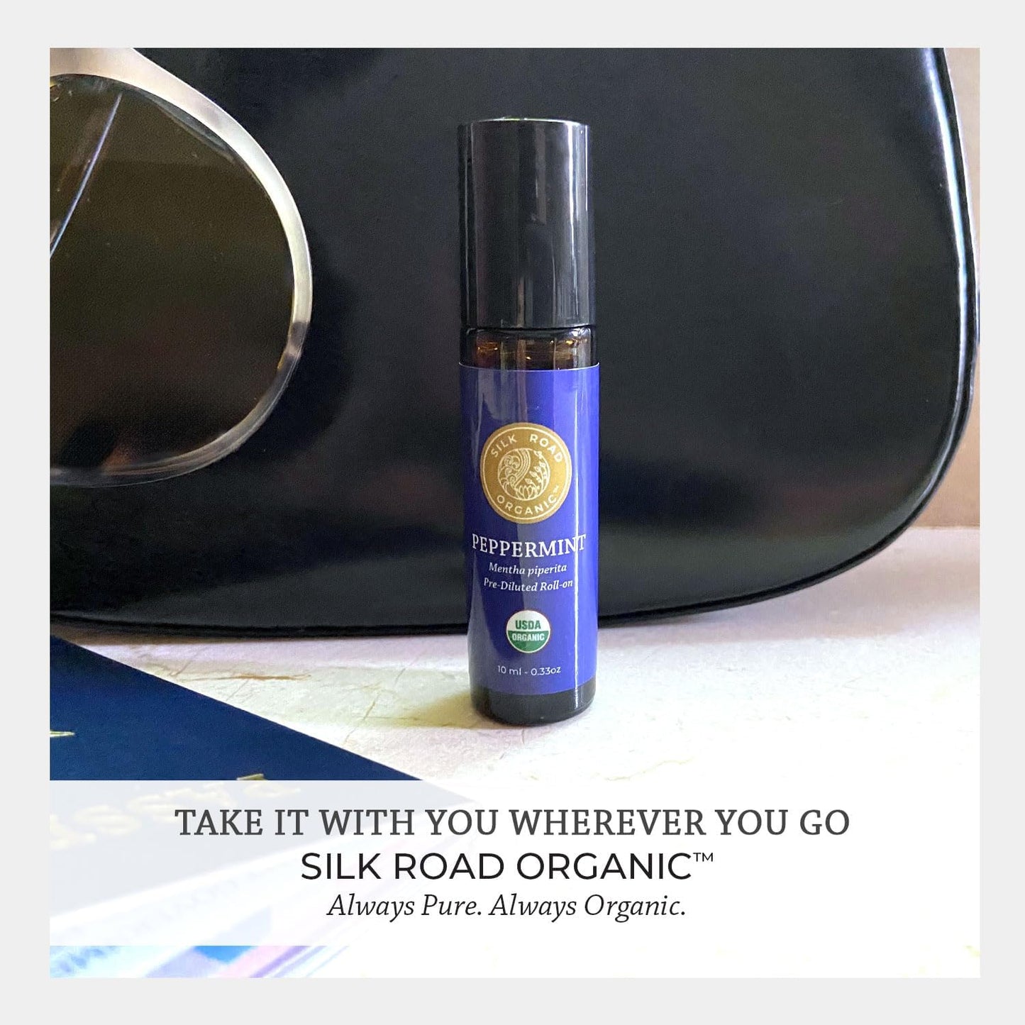 Silk Road Organic Peppermint Essential Oil Roll On, Mentha Piperita, 100% Pure USDA Certified Aromatherapy - Headache, Morning Sickness, Nausea, Energy & Hair - 10 ml Roller