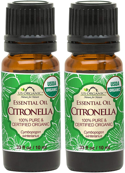 US Organic Citronella Essential Oil, USDA Certified, 100% Pure, 10 ml Pack of 2, Improved caps and droppers – Used for Skin Care, Many DIY Projects Like Candle Making and Much More