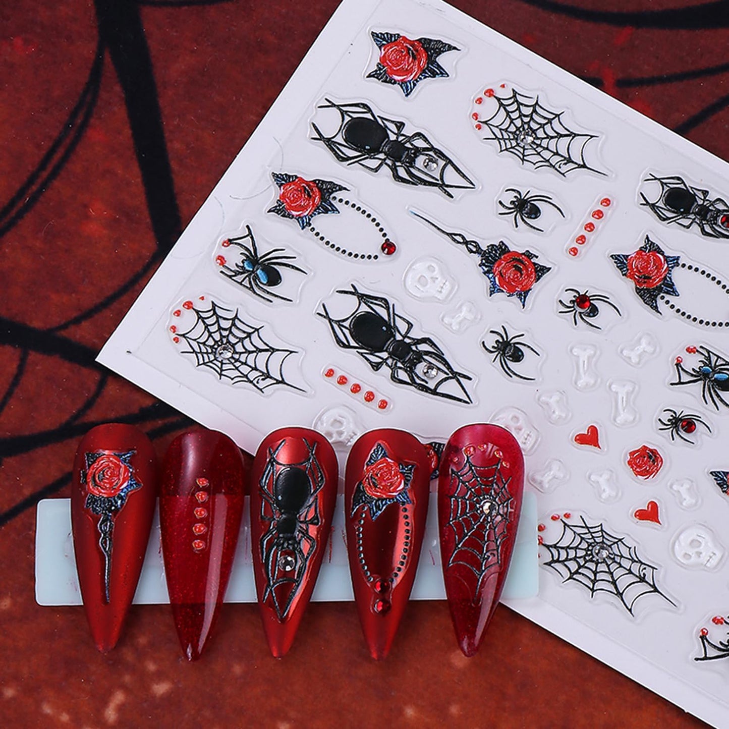 Red Black Halloween Nail Art Stickers Decal 5D Embossed Flower Spider Web Nail Stickers with Rhinestones Bow Blood Drop Nail Decals Self-Adhesive Spider Nail Art Decal for Women Halloween Decor