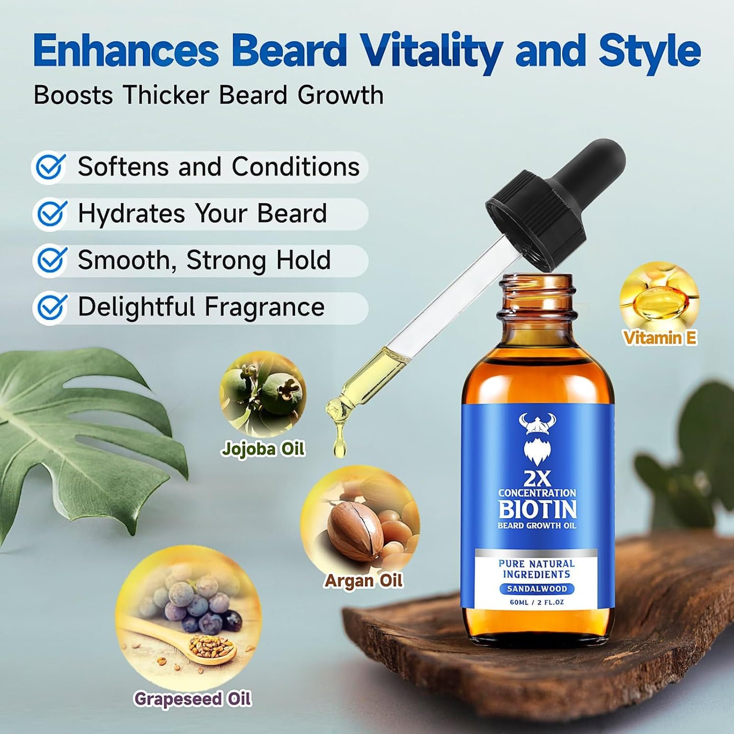Beard Growth Oil - 2X Concentration Biotin Beard Oil for Men (2 oz) - Natural Mens Beard Oil with Argan Oil, Jojoba Oil and Vitamin, Beard Growth Softener, Moisturizer (Sandalwood)