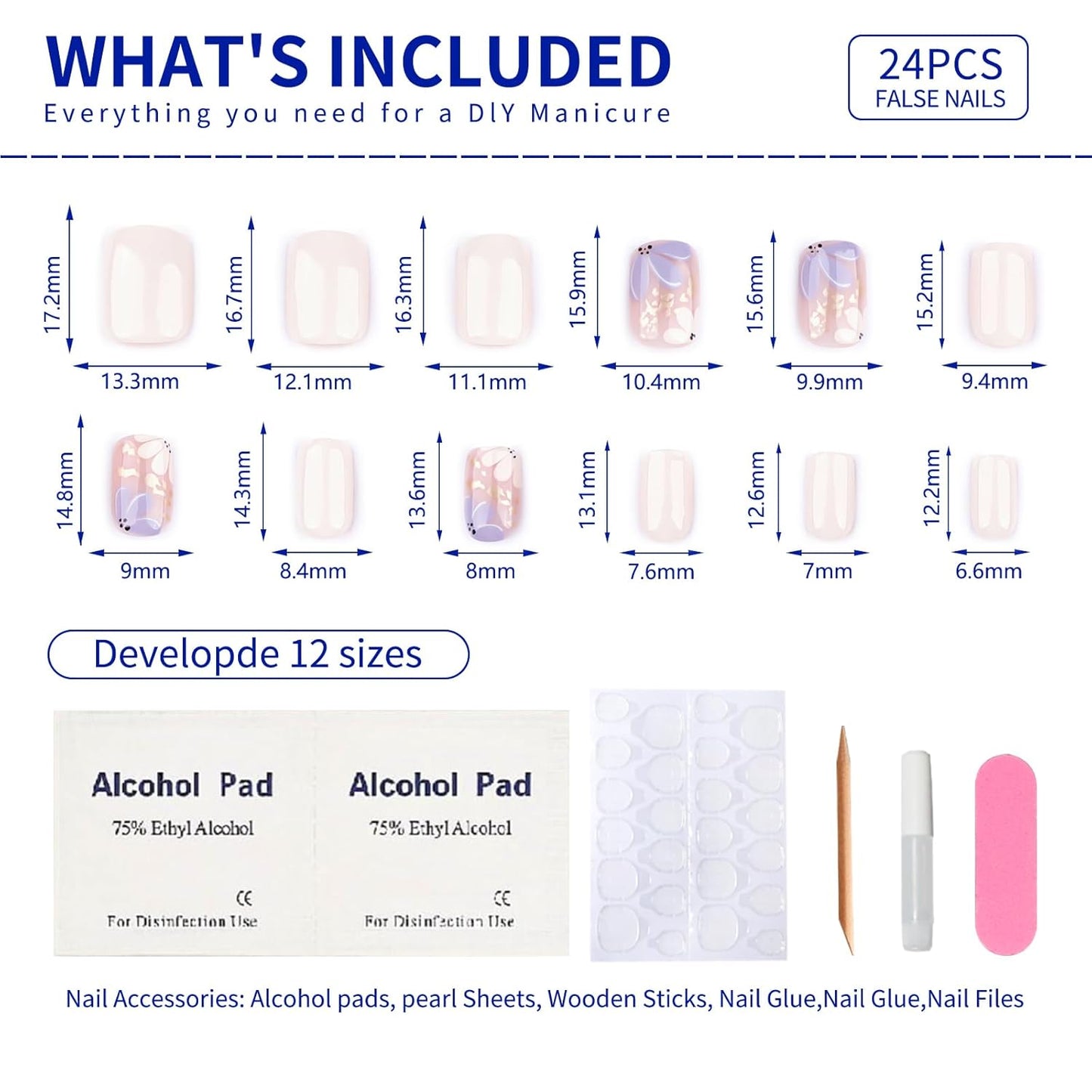 Summer Press on Nails Short Square, Beige Fake Nails with Cute Blossom and Featuring Delicate Gold-Foil Designs, Glossy Finish Acrylic Nails, Natural Reusable Glue on Nails Kit for Women, 24Pcs