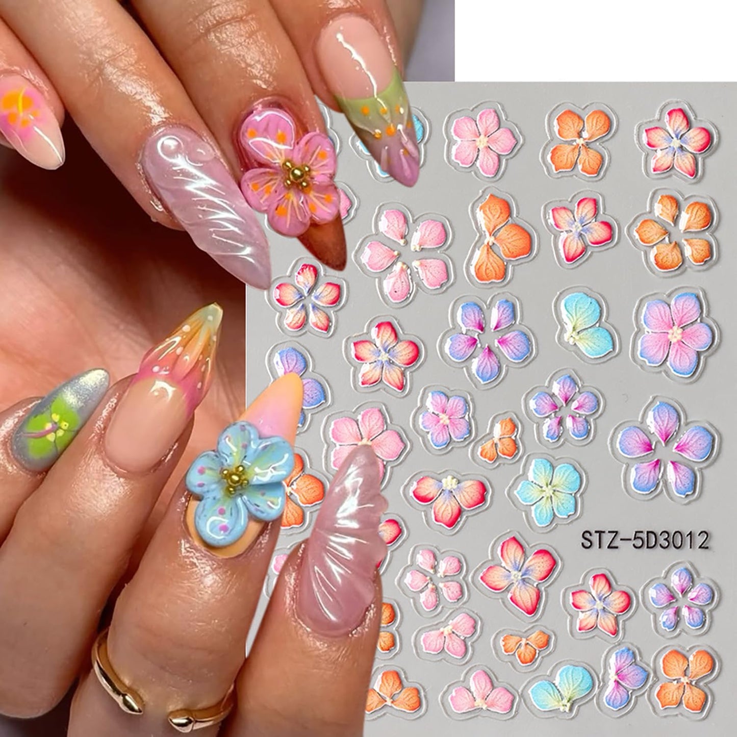 6 Sheets Flower Nail Art Stickers 5D Self-Adhesive Nails Sticker Floral Butterfly Nail Art Decals Holographic Decal Decoration for Women Golden Bow Manicure Stickers DIY Nail Sticker Supplies