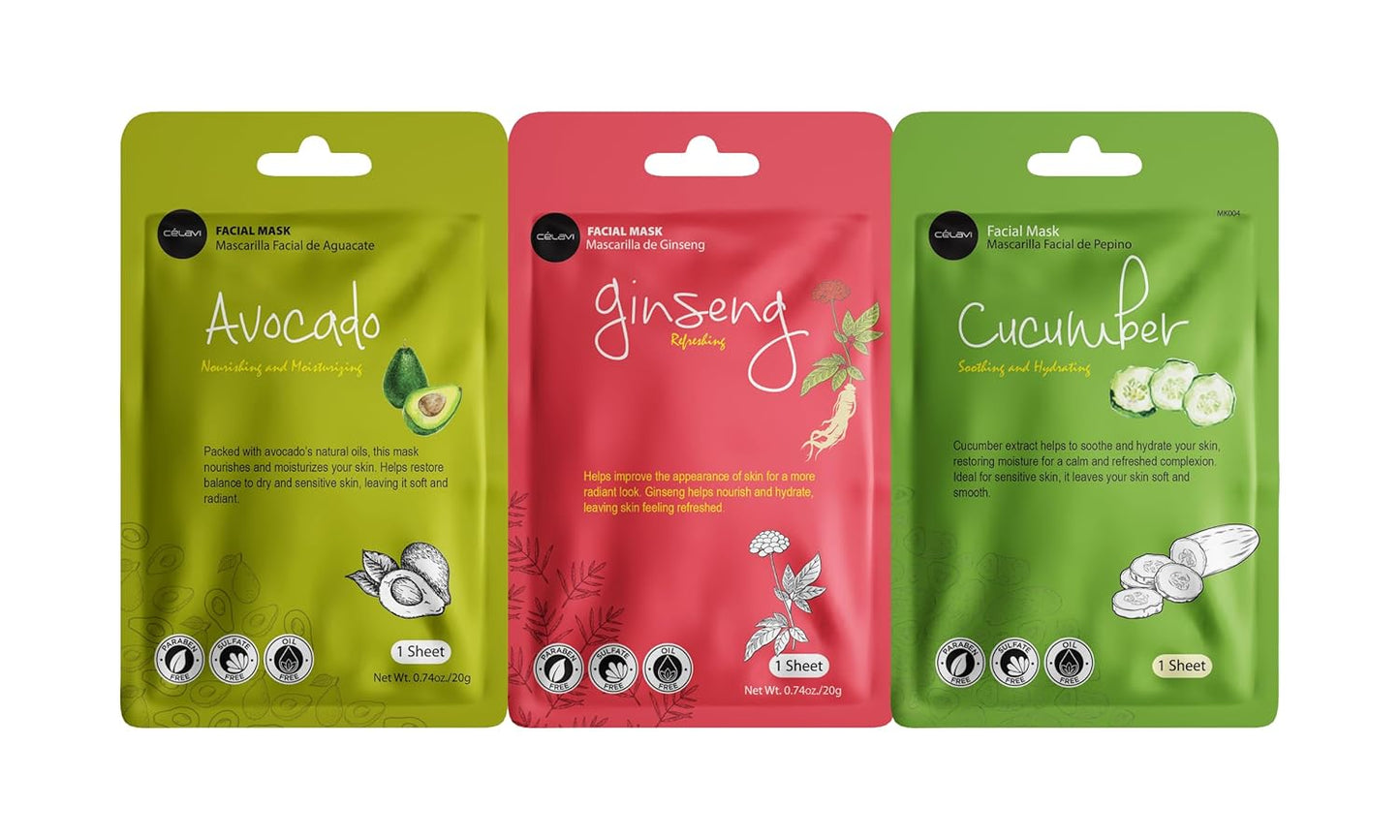 Celavi Essence Facial Sheet Face Mask Variety Set Classic Authentic Korean Moisturizing Skincare (48 Count (Pack of 1))