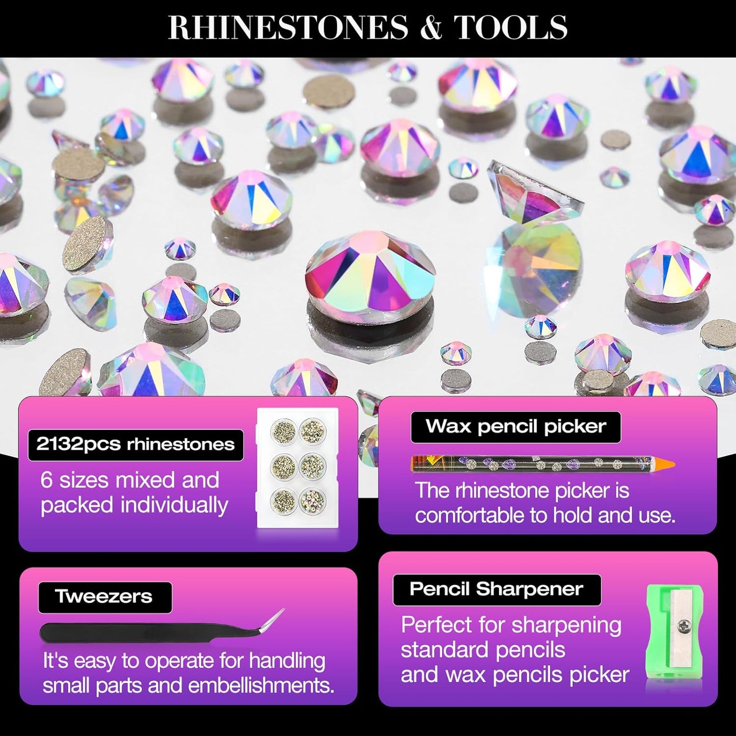 Novani Crystal AB Rhinestones Flat Back Round Rhinestone Style 2088 Sparkly Crystal Gemstones for Makeup Nail Art Crafting,Mixed Small Size(SS6-SS20)