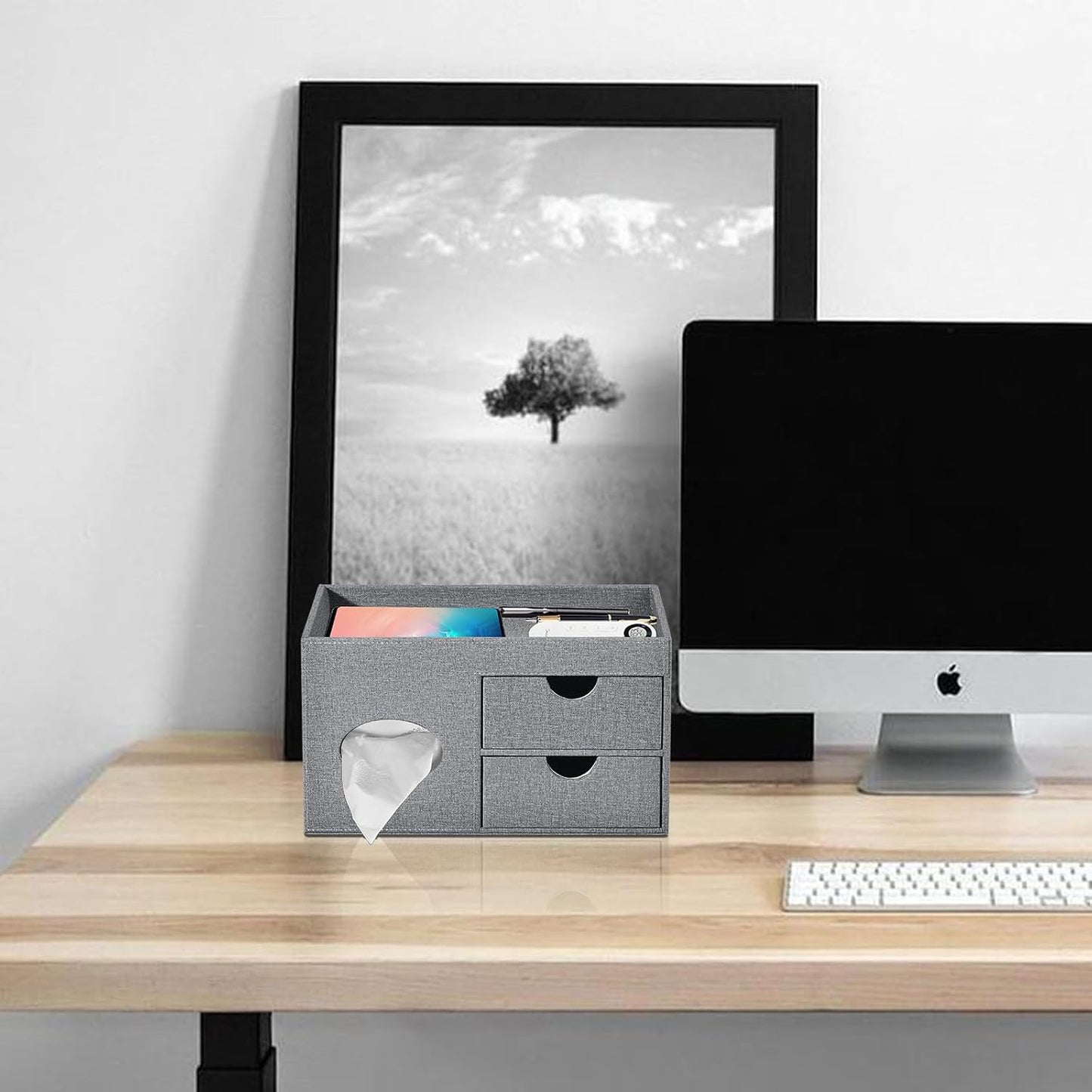 Square Tissue Box Cover with Drawers,Tissue Box Holder with Storage Tray, Makeup Organizer and Desk Organizer,Tissue Holders Decorative for Bathroom Vanity NightStand Dressing Table (Grey)