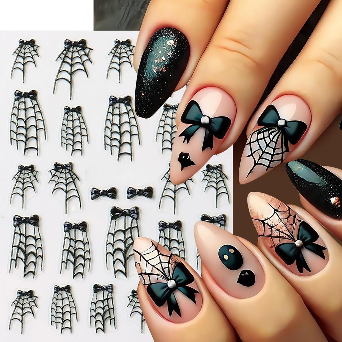3 Sheets Halloween 5D Embossed Cute Ghost Nail Stickers Self-Adhesive Spider Web Spiders Nail Decals Horror Eyes Spider Nail Art Supplies Nail Accessories for Women Acrylic Manicure Holiday Supplies