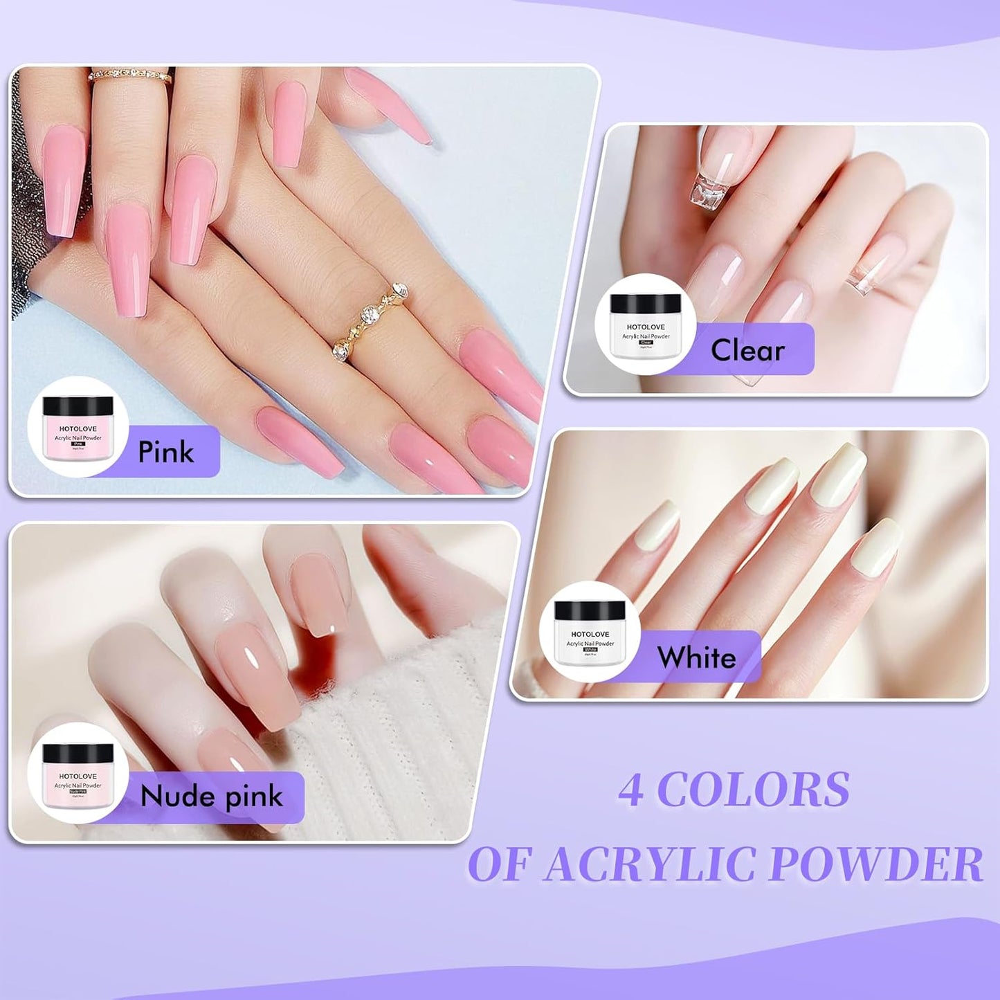 Acrylic Nail Kit, 75ml Acrylic Liquid Monomer with 4 Colors Powder and 5PCS Nail Brush for Nail Extension Carving Manicure French Fake Tips Art for Home DIY Salon