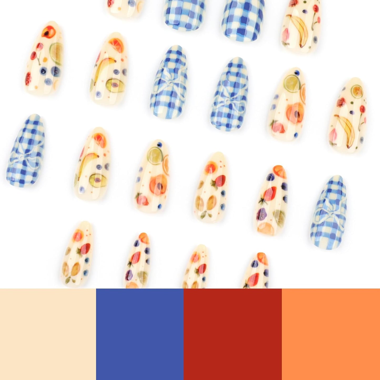 Summer Fall Picnic Press On Nails Short – Almond Cute Fake Nails with Fruit and Blue Gingham Design, Colorful Summer Nails Press Ons, Glossy Glue On Nails Kit for Women, Fruit Part, 24Pcs