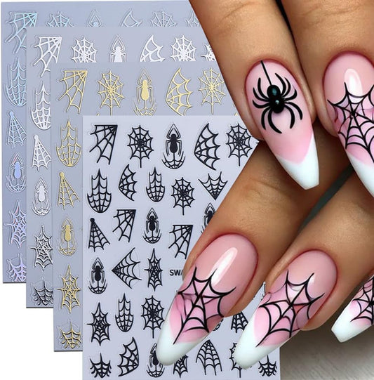 4Pcs Halloween Nail Stickers 3D Spider Web Nail Decals DIY Self Adhesive Cobweb Nail Design Halloween Nail Decoration Supplies Holiday Manicure Accessories for Women Girls